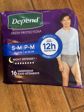 DEPEND MEN NIGHT DEFENSE UNDERWEAR (SMALL~MEDIUM 26" to 34") 12 HOUR PROTECTION